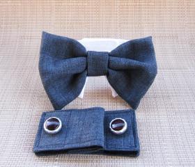 Cuffs and Bow Tie : Dark Linen Gray Combo Dog Wedding Attire